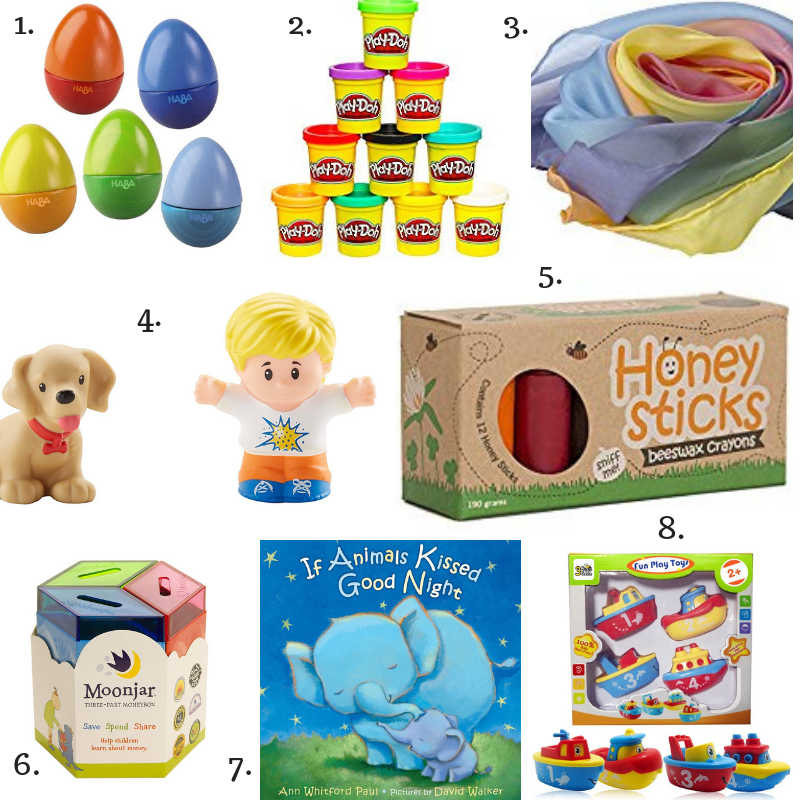 8 stocking stuffer ideas for toddlers. Images of shaking eggs, play-doh, play silks, little people, crayons, money box, board book, and bath toys.