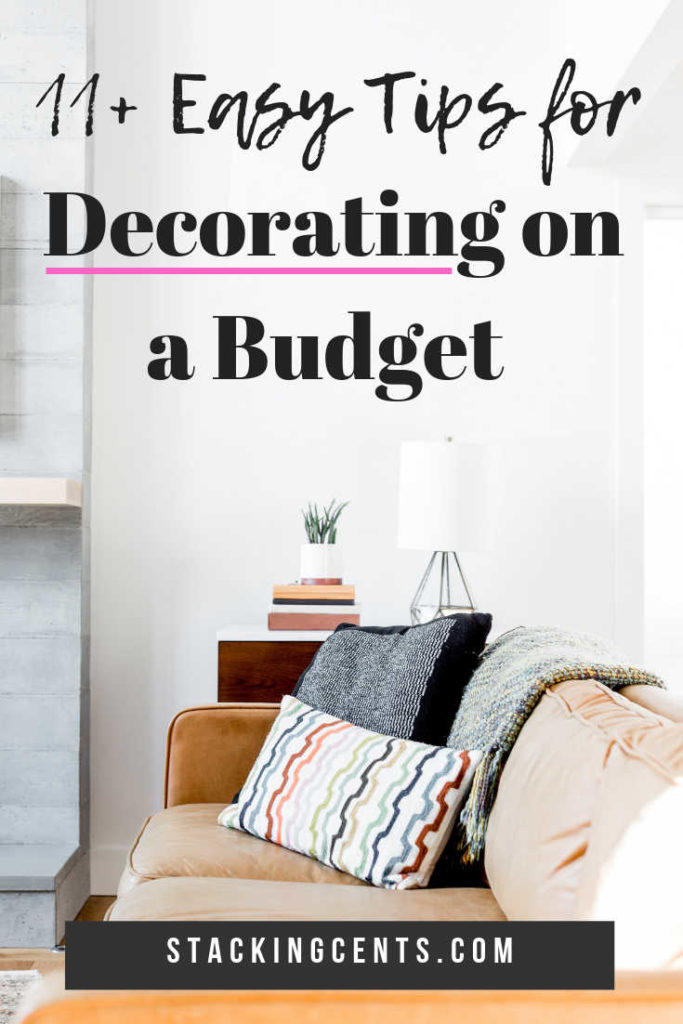 brown sofa with colorful pillow and throw blanket. text overlay: 11 easy tips for decorating on a budget