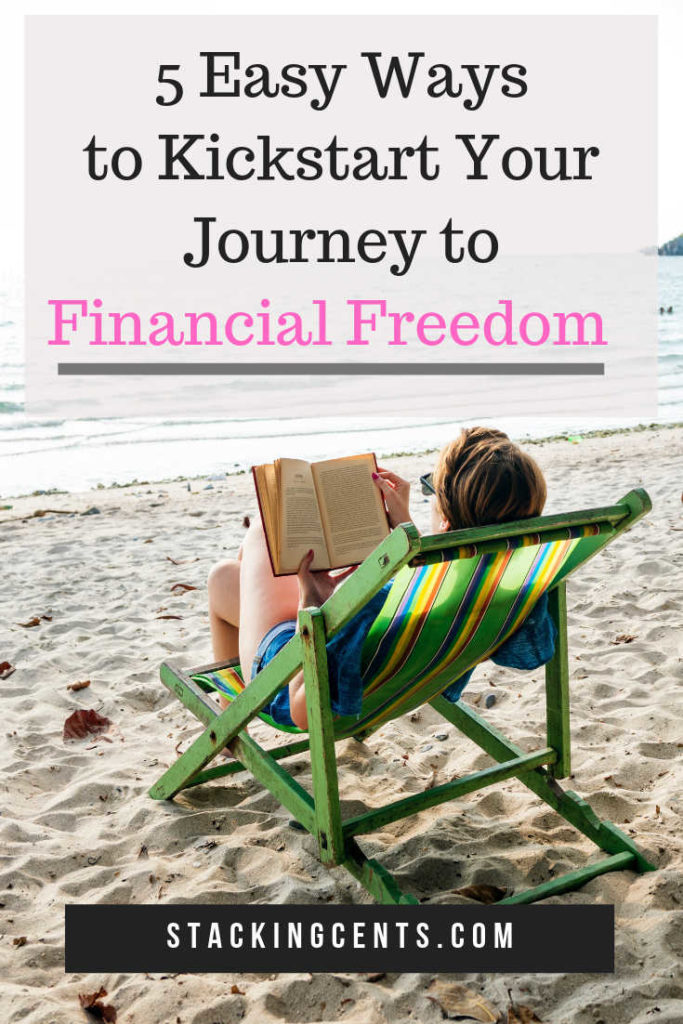 woman reading book on beach. text overlay: 5 easy ways to kickstart your journey to financial freedom