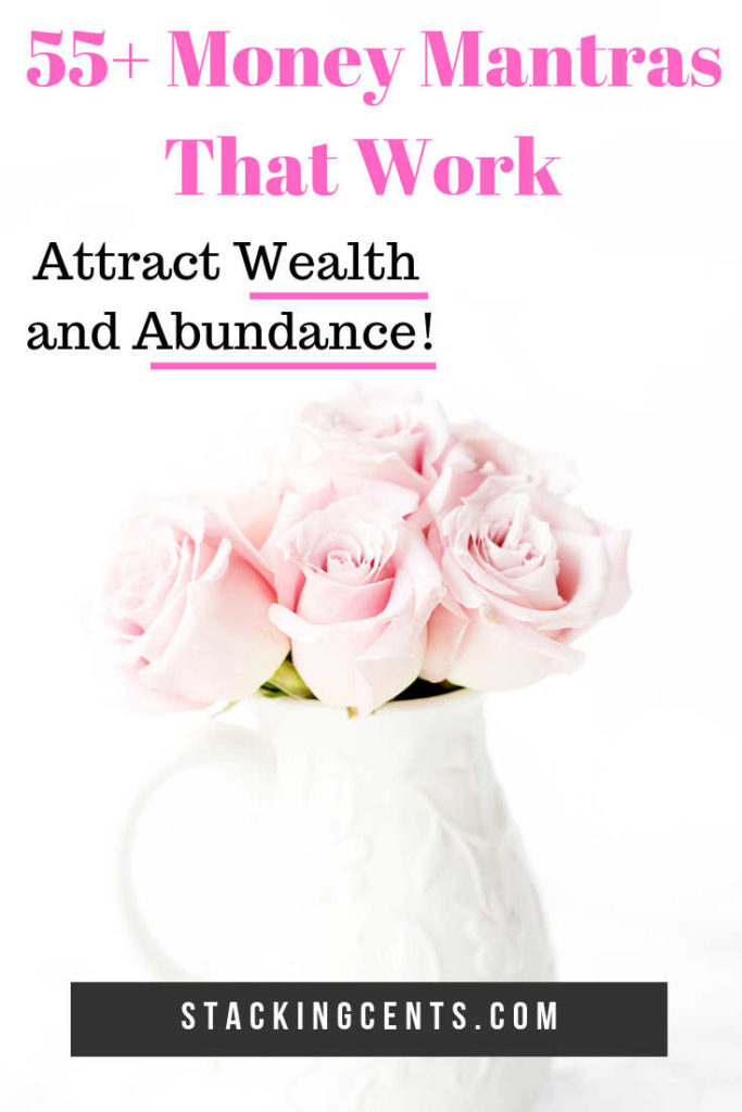 white vase with pink roses. text: 55+ money manifestations that work. Attract wealth and abundance!