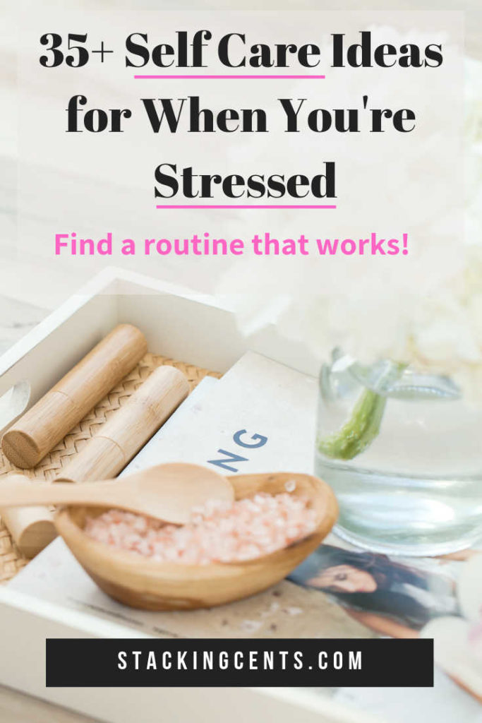 bath salts and other home spa items. text: 35+ self care ideas for when you're stressed